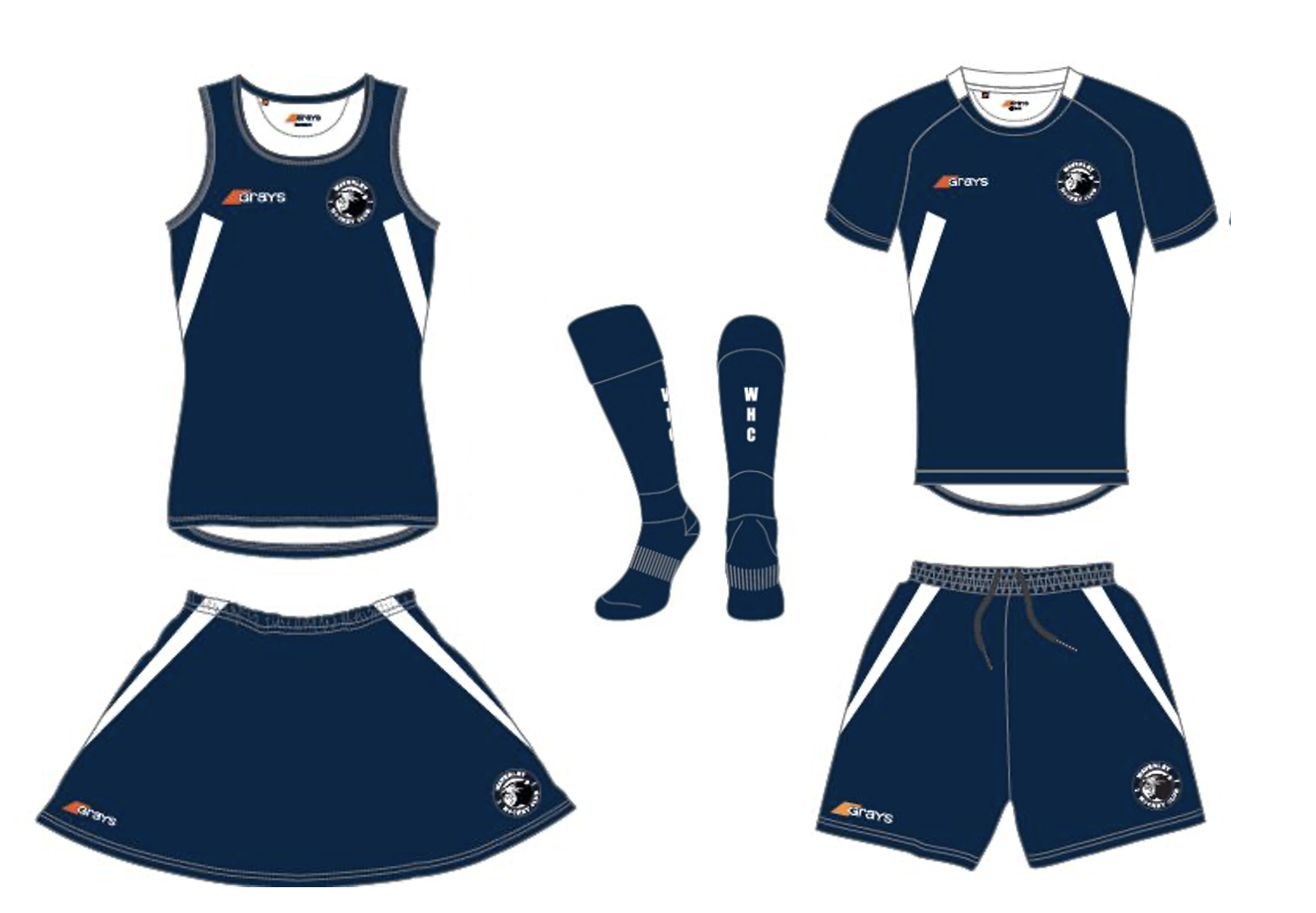 Image of the female (left) and male (right) navy blue home uniform for Waverley Hockey Club
